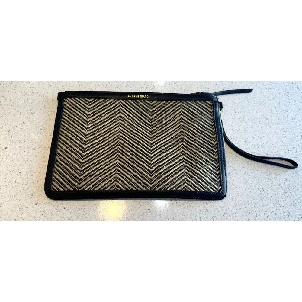 Lucky Brand Clutch Chevron Black Brown Leather Trim Bag Purse Boho Wristlet